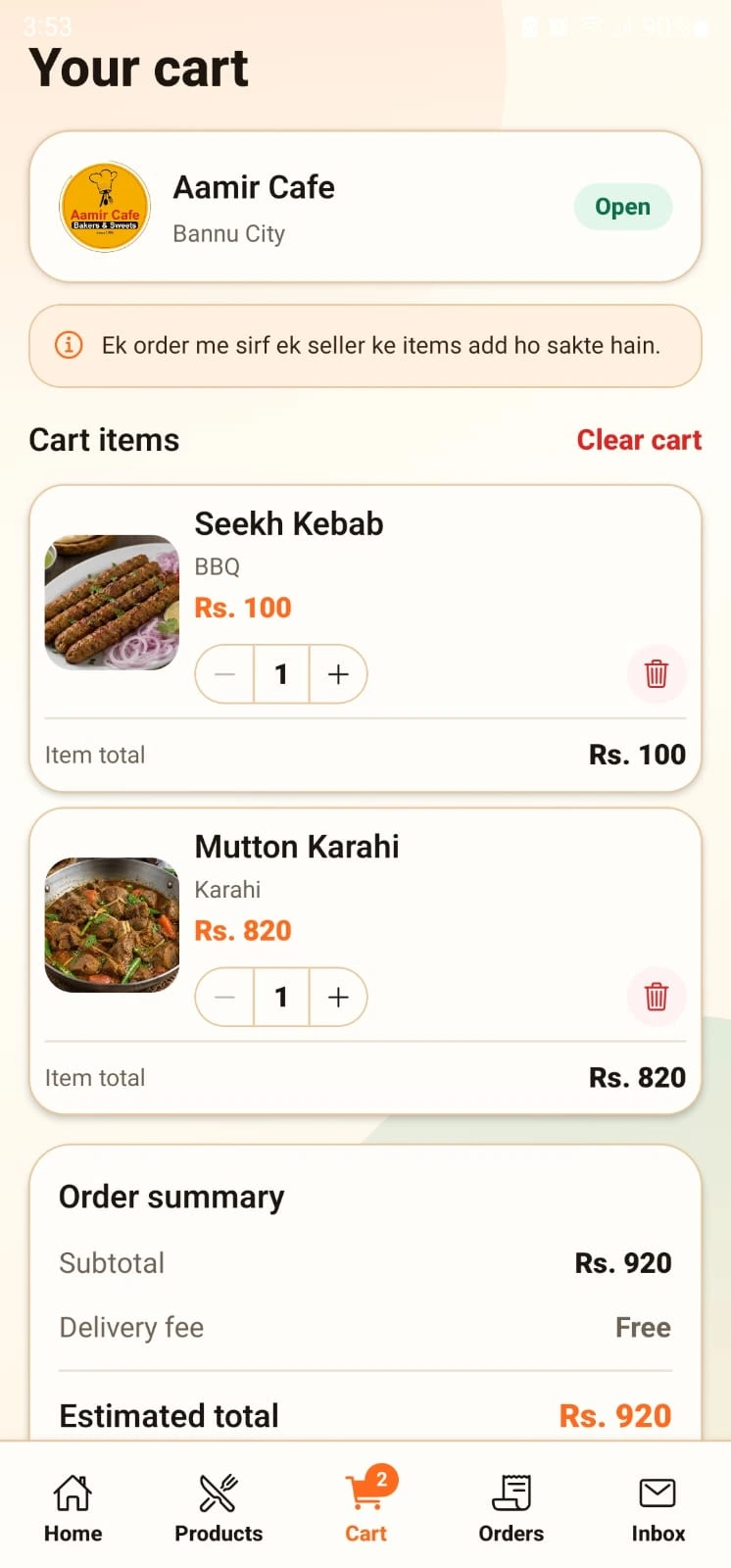 BannuZaiqa buyer cart and checkout screen